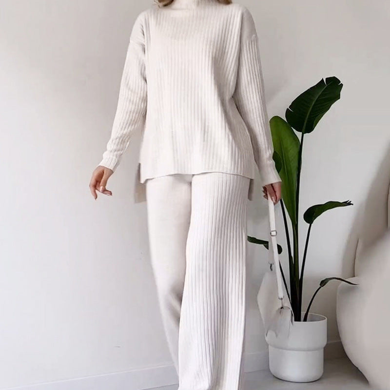 Solide Couleur Col Roulé Haut Et Pantalon Costume Femmes
