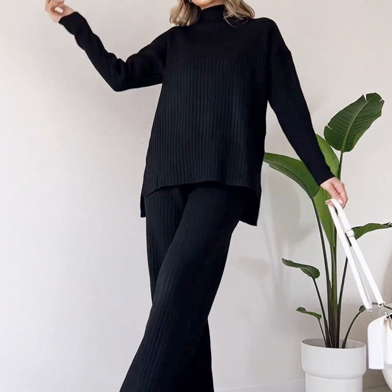 Solide Couleur Col Roulé Haut Et Pantalon Costume Femmes