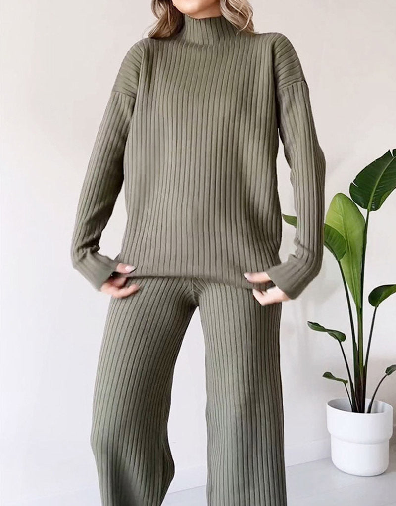 Solide Couleur Col Roulé Haut Et Pantalon Costume Femmes