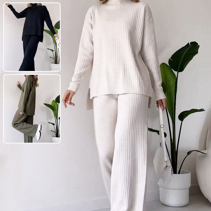 Solide Couleur Col Roulé Haut Et Pantalon Costume Femmes