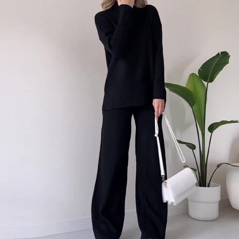 Solide Couleur Col Roulé Haut Et Pantalon Costume Femmes