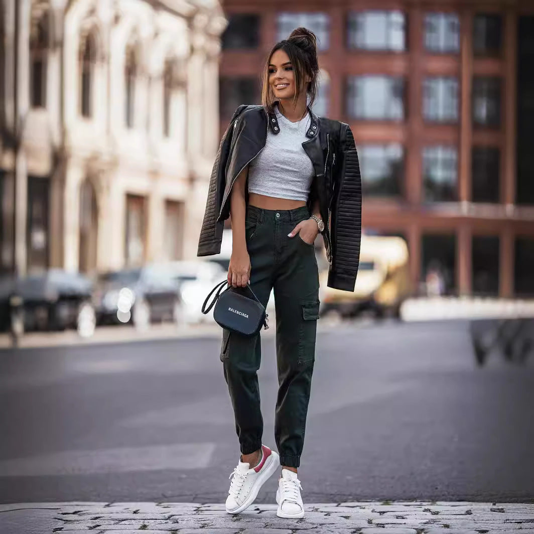 Veste en cuir noir décontractée slim-fit pour femme
