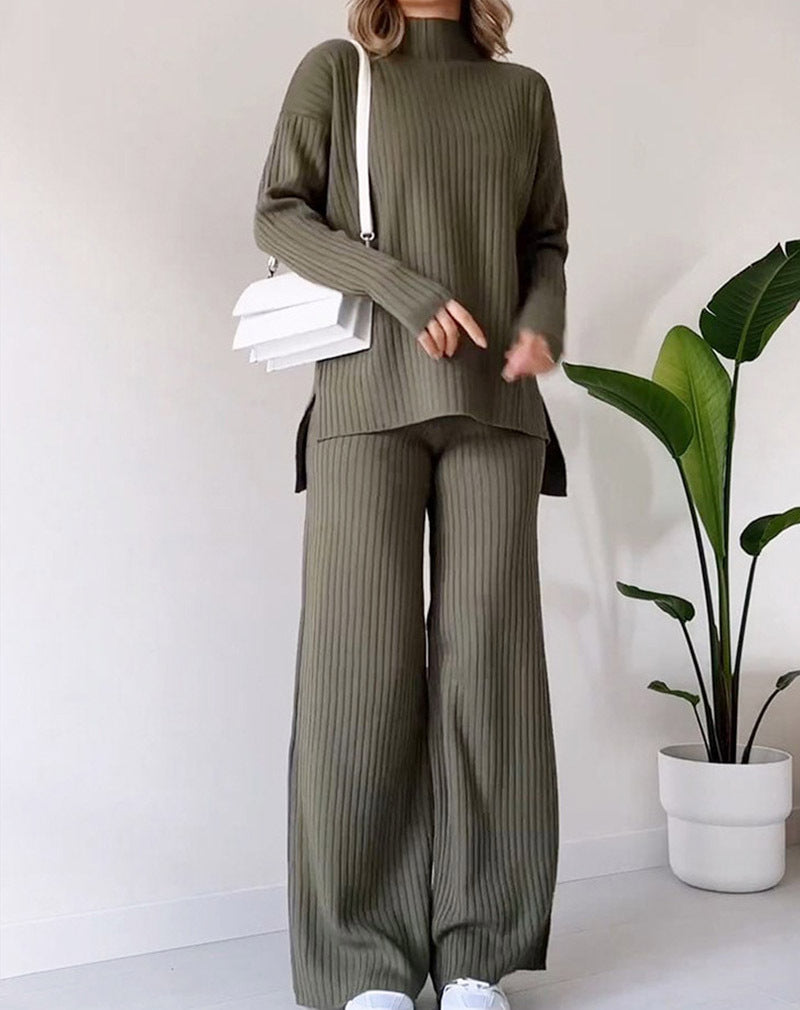 Solide Couleur Col Roulé Haut Et Pantalon Costume Femmes
