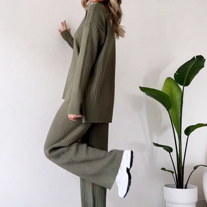 Solide Couleur Col Roulé Haut Et Pantalon Costume Femmes