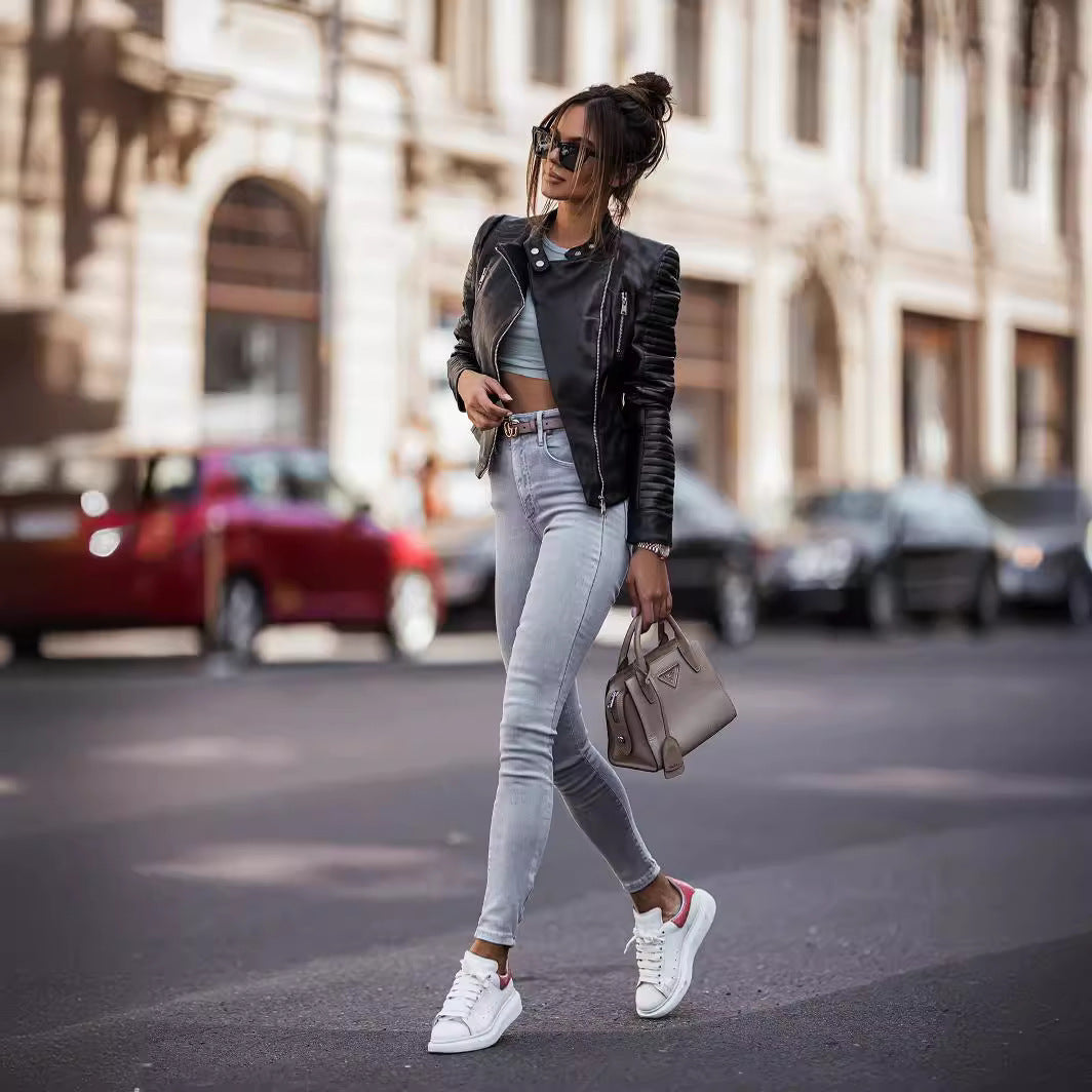 Veste en cuir noir décontractée slim-fit pour femme